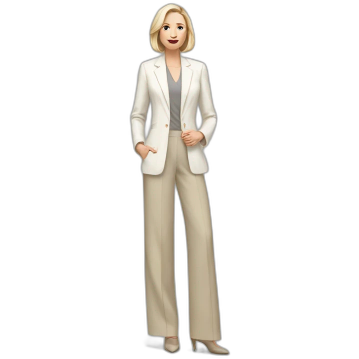 Full height Actively gesturing with hands pale skin woman with ash blonde Straightened bob Hair, White Spacious classical jacket, beige palazzo Arrow pants and gray blouse emoji