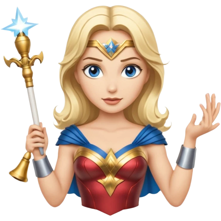 Blonde blue eyed Wonder Woman holding white orchestra conductor’s baton and bell  emoji