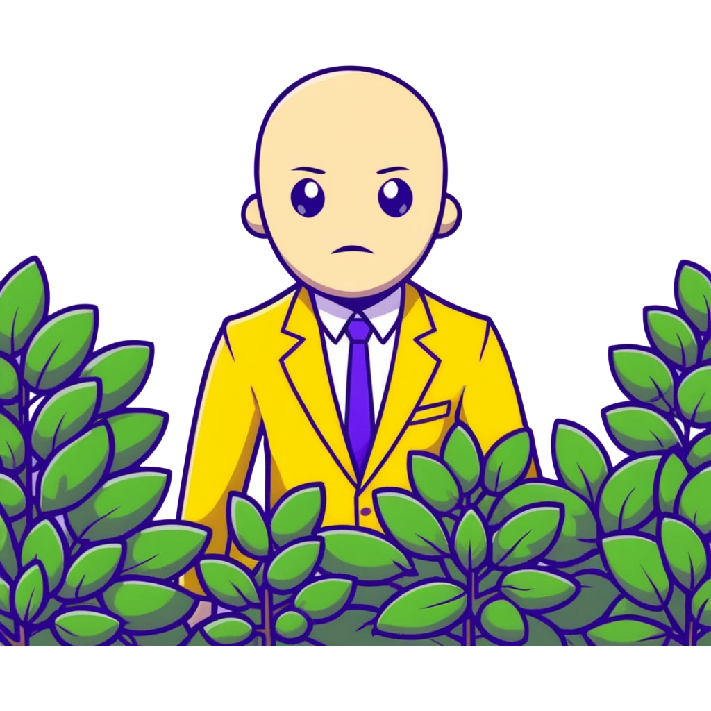 Man in a yellow suit looking suspicious while hiding in a bush, shifty eyes emoji