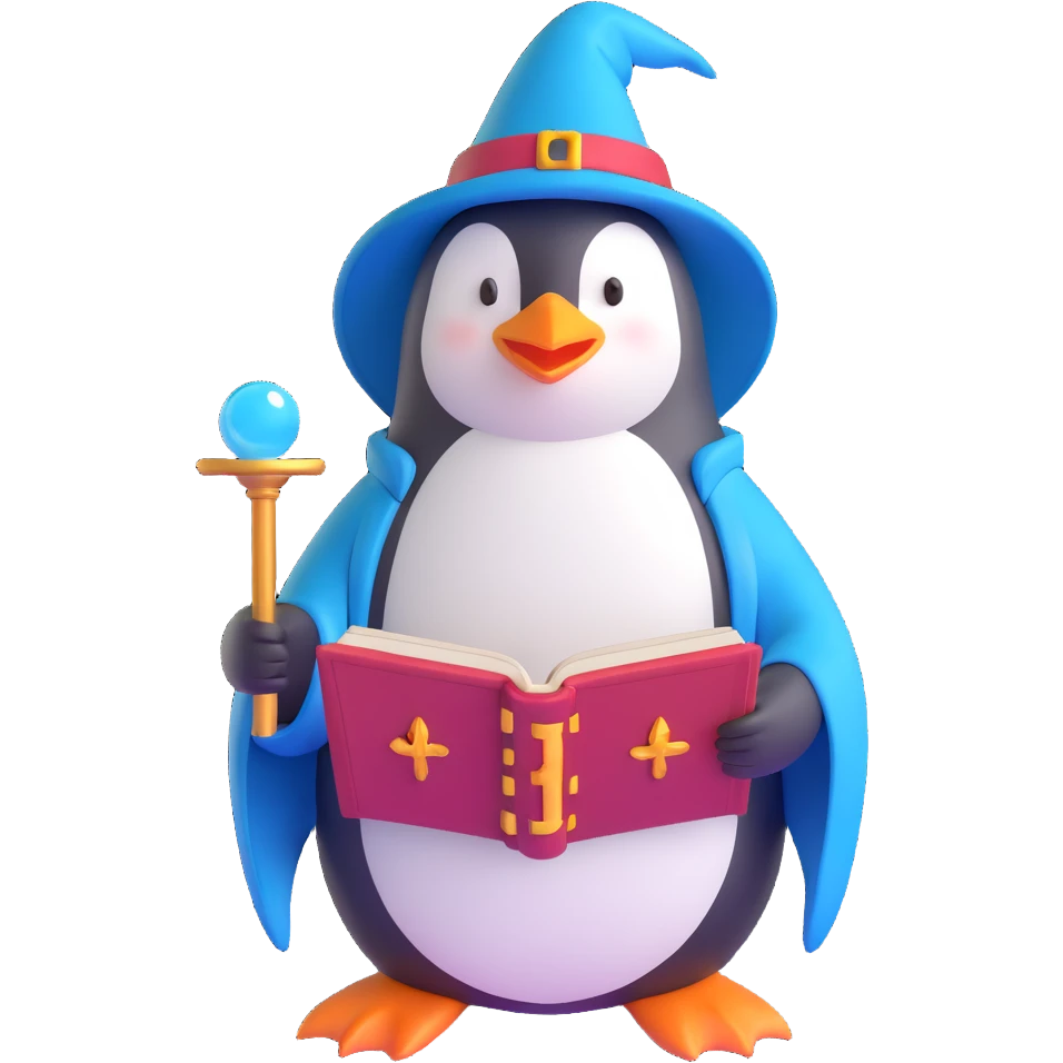 penguin wizard reading from an ancient spellbook in 3D style emoji