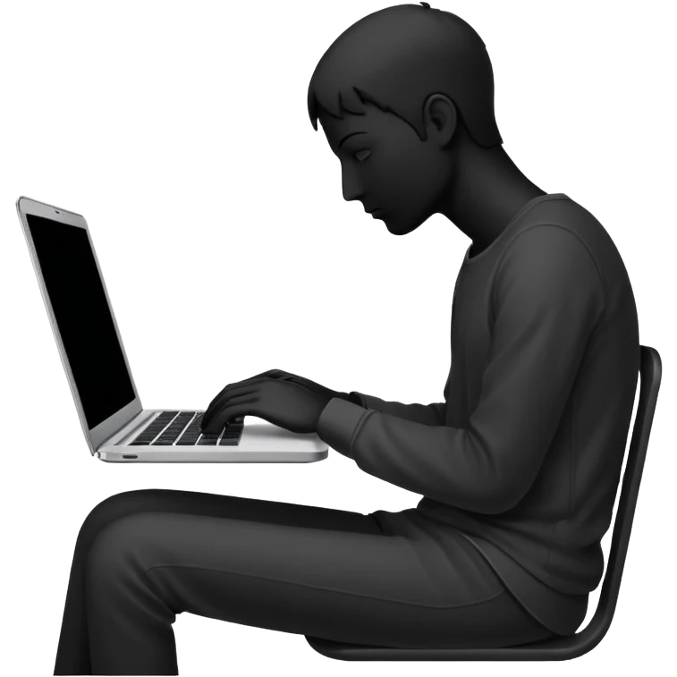 Minimalistic flat vector icon, iOS style, thin black contour on white background. Person silhouette sitting with a laptop, code brackets <> on the screen. Clean, no te emoji