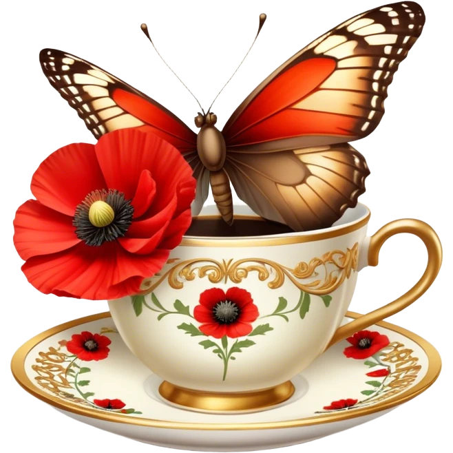 A warm-toned still life featuring a delicate brown butterfly resting near a red poppy flower and an ornate gold coffee cup. The composition exudes a vintage charm, bathed in soft golden light. emoji