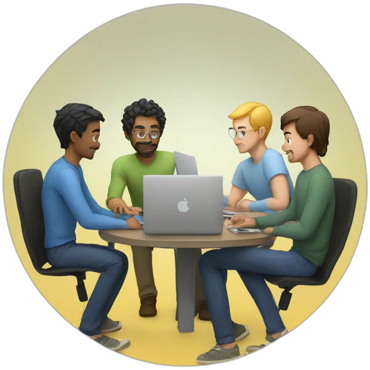 5 Developers with MacBooks sitting in a room with around a circular tabl emoji