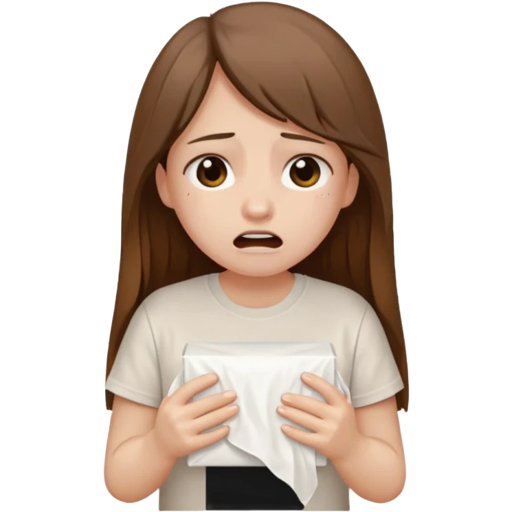 a pretty bratz fair girl crying in a loose oversized off white tshirt  with long brown hair with a tissue box emoji