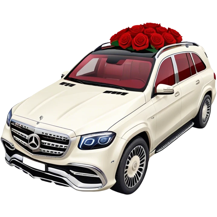 Side angle of White Mercedes Maybach GLS 600 with red roses on the hood emoji