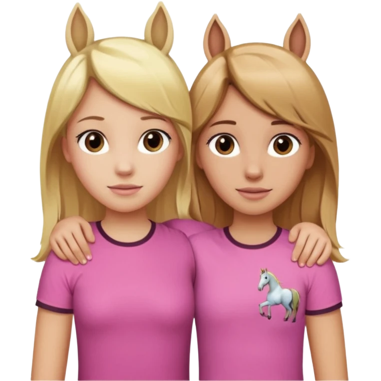 Two Girls with their arms around each other at summer camp one blonde one brown hair brown hair wearing pink horse shirt no horse ears emoji