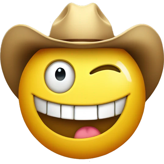 one yellow sphere emoji wearing cowboy hat, winking one eye and has one golden teeth emoji