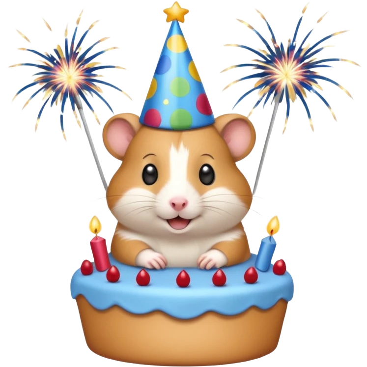 A hamster celebrating a birthday by throwing fireworks in front of a cake. emoji