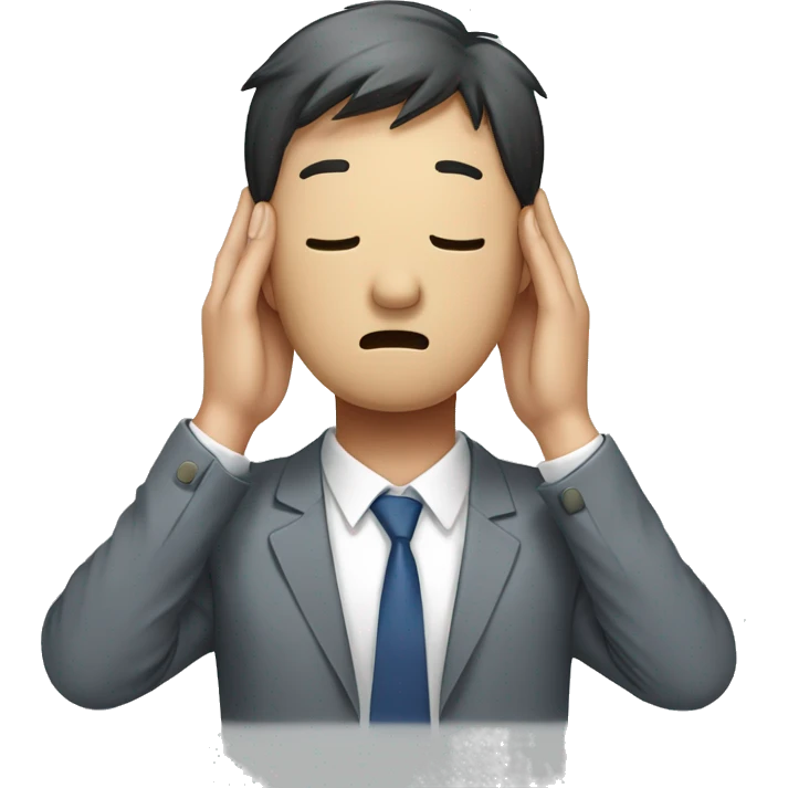 Korean office worker man covering his head, with his back bent, sore neck, stressed expression emoji