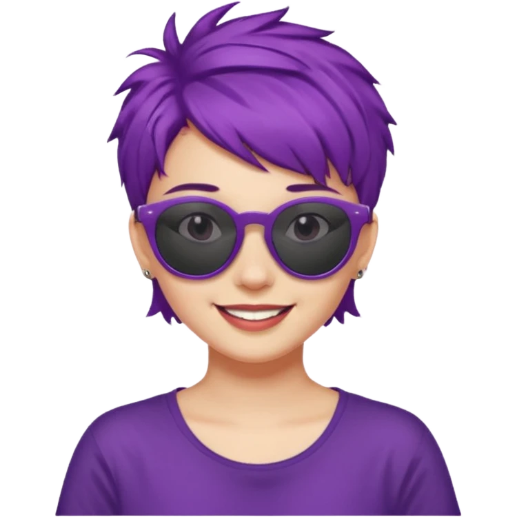 girl with short messy purple hair and sunglasses above head emoji