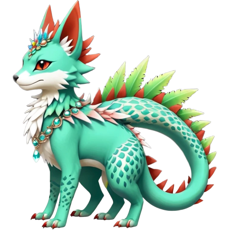 Kawaii cute greenish reddish colorful warm-colored exotic tropical beautiful pretty elegant divine edgy feline-vernid-sergal-Fakémon-Pokémon-fursona-animal-creature with accessories, jewelries, full body, with intricate detailed markings, spikes, crystals, fins, scales, spiny, feathered, headdress emoji