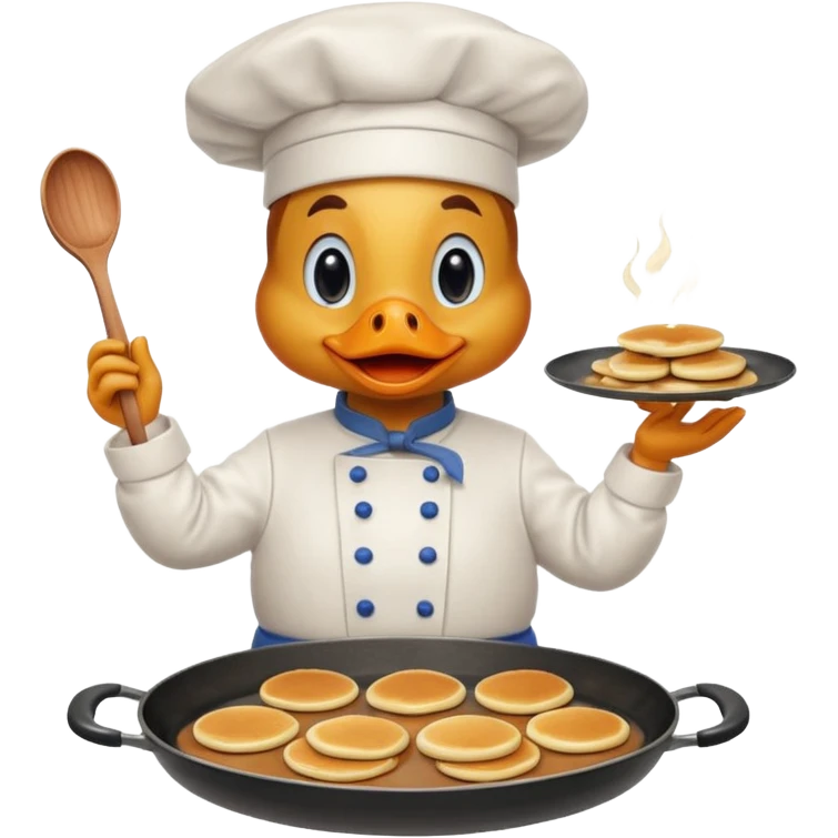 A chef duck wearing a tiny apron, making pancakes on a pan emoji
