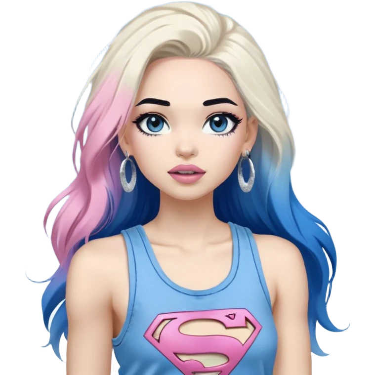 LargeFull body-really excited expression-very-beautiful-face-white ripped cargo pants-light-pink-lips-very long-very-straight-dark-blue-ombre-hair-and-blue-eyes-thick-black-eyeliner-thick-long-eyelashes-sky-blue-superman-tank-top-with-glitter-and-silver-hoop-earrings emoji