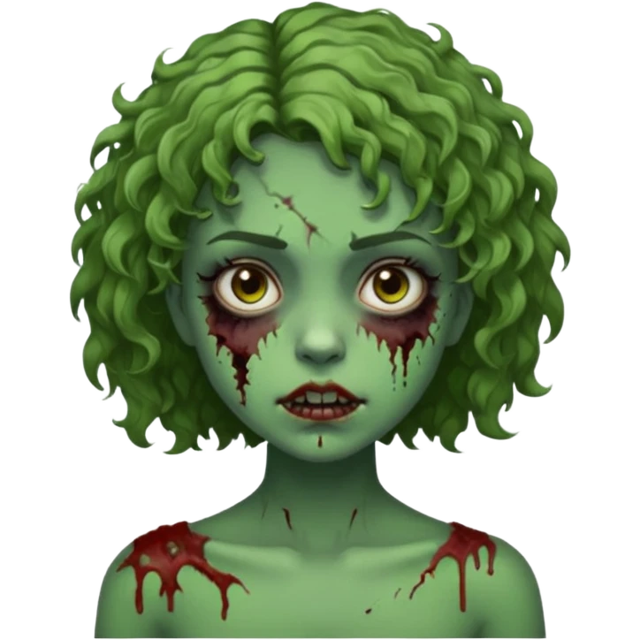 Garota, cabelos cacheados curtos na medida dos ombros, pele verde, olhos castanhos escuros, machucados pelo corpo, remetendo a um zumbi emoji