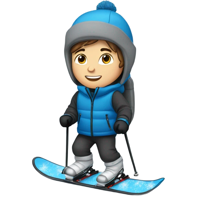 White boy with brown hair skiing on blue skis. Wearing a light gray coat. And a pair of black snow pants.  emoji