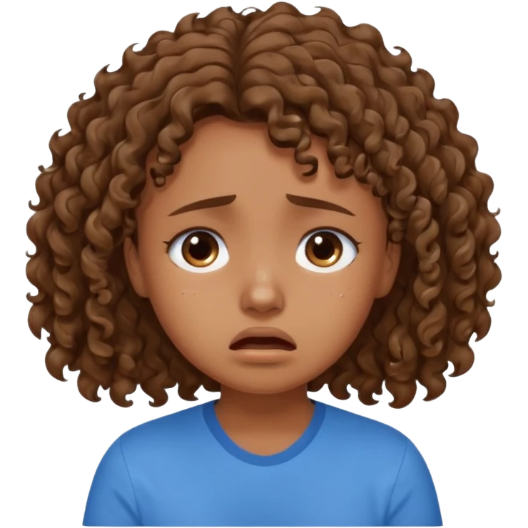 young curly hair girl, brown hair, with a blue shirt, in despair crying emoji