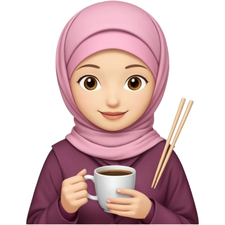 A hijabi girl with light pink hijab and tanned skin holding coffee in one hand and chopsticks in other. Only upper portion of the body shown in IOS format emoji