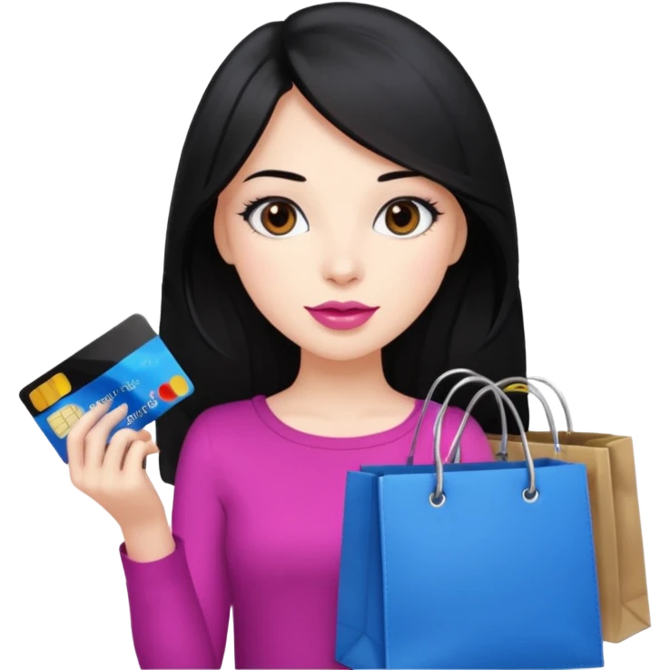 Girl with long black hair, pink lipstick, brown eyes holding shopping bags and blue credit card emoji
