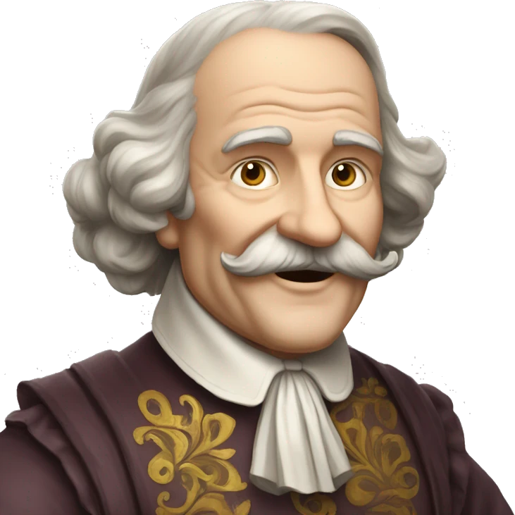 Short pudgy old man over enthusiastic happy excited face bald forehead long wavy gray and brown brunette long wavy hair moustache Shakespearean dress vintage clothes hamlet emoji