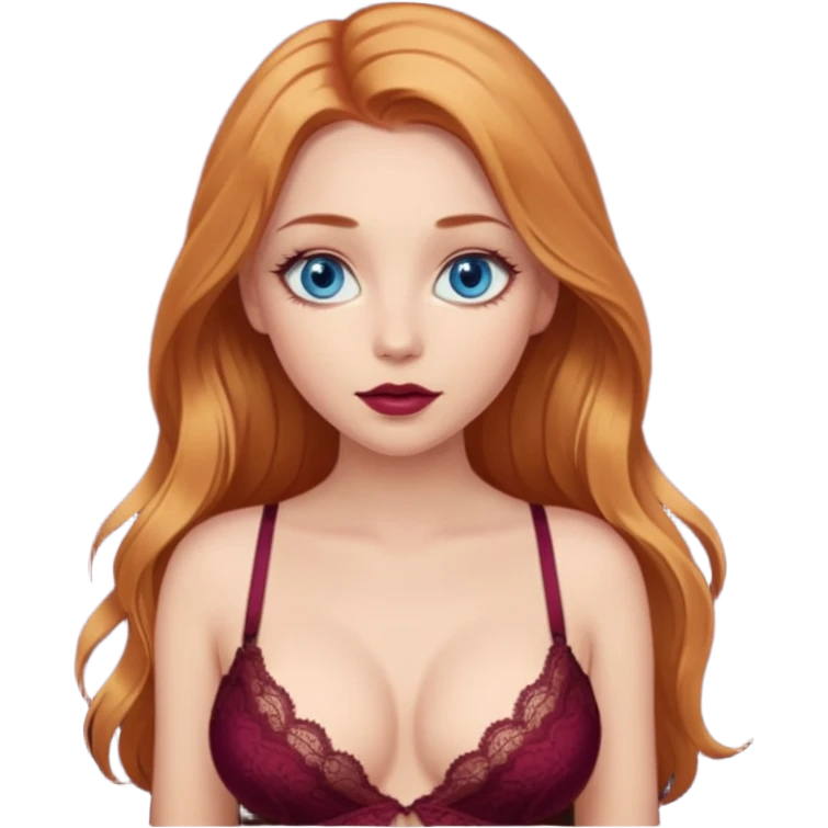 A beautiful blue-eyed girl with long copper-blond hair, full lips, large eyes, and a burgundy lace bra through which her nipples are visible emoji