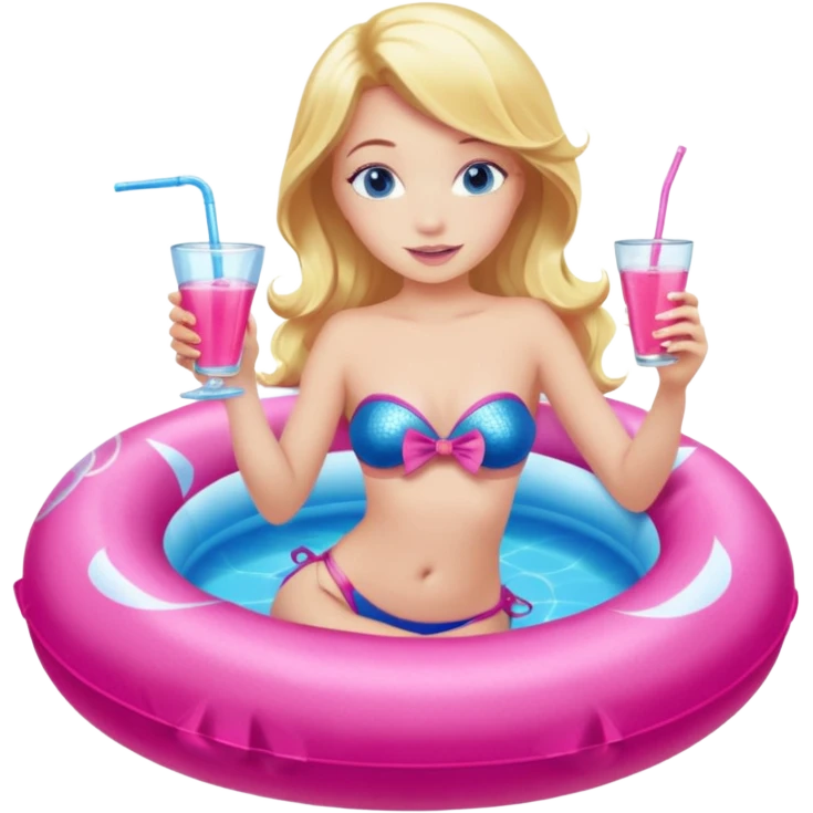 woman with blonde hair and blue eyes sitting in a pink pool tube in a blue pool sipping a drink wearing a pink bikini top and a pink mermaid tail  emoji