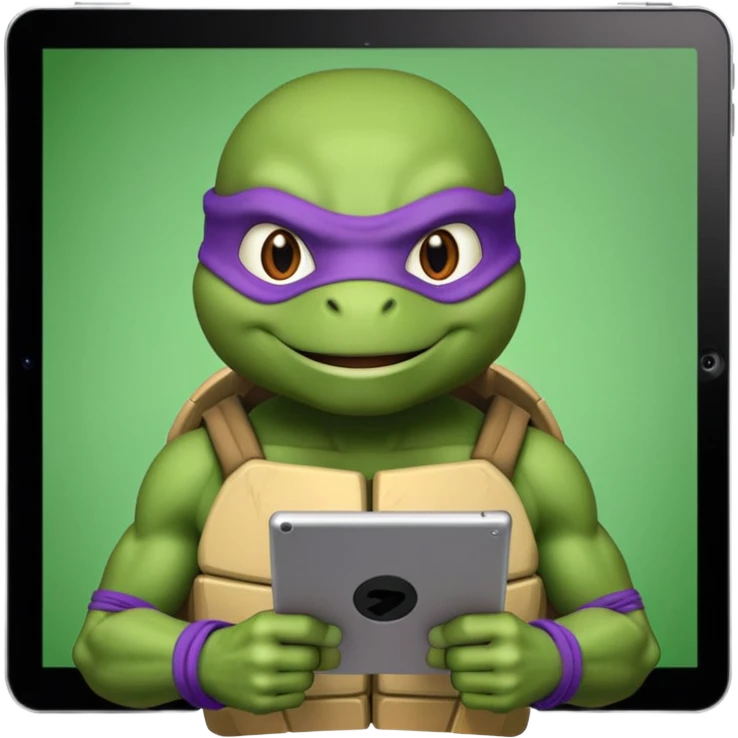Donatello from Teenage Mutant Ninja Turtles, emoji style, holding a tablet with a hacking screen, with a green hacking interface emoji