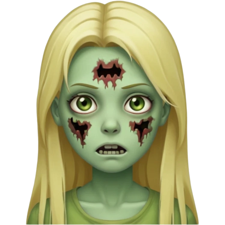 girl zombie with blonde straight long hair green skin and with no angry face and with the mouth closed emoji