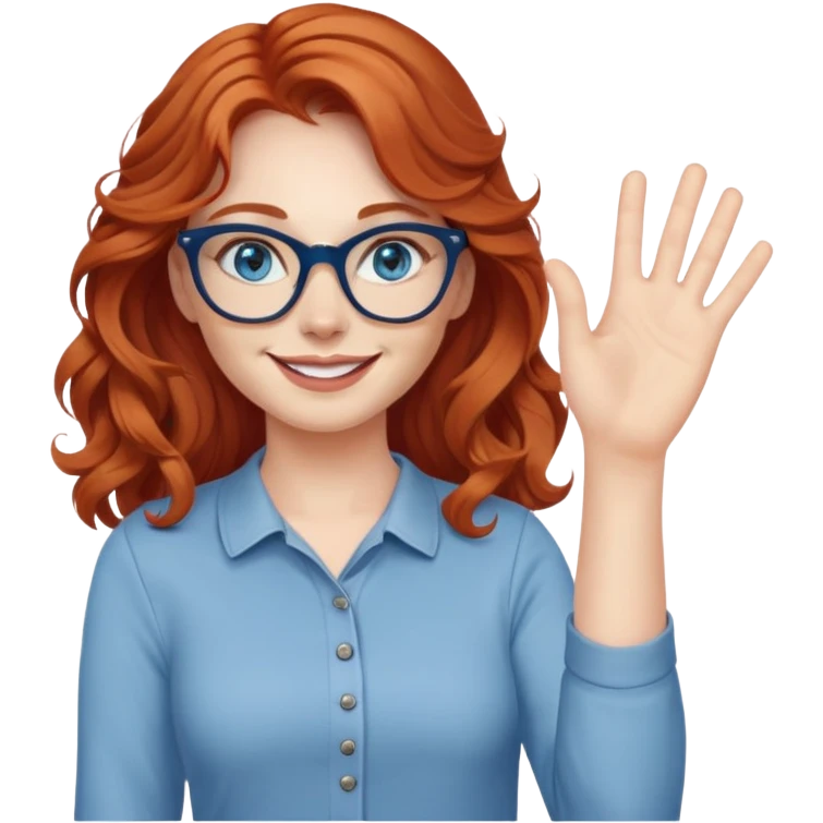 redheaded woman with long wavy hair, blue eyes, cat-eye glasses, casual outfit, smiling, waving emoji