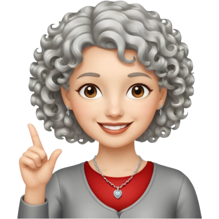 silver, short, wavy-haired with curls, smiling pretty lady, hopeful, pointing finger up


 emoji