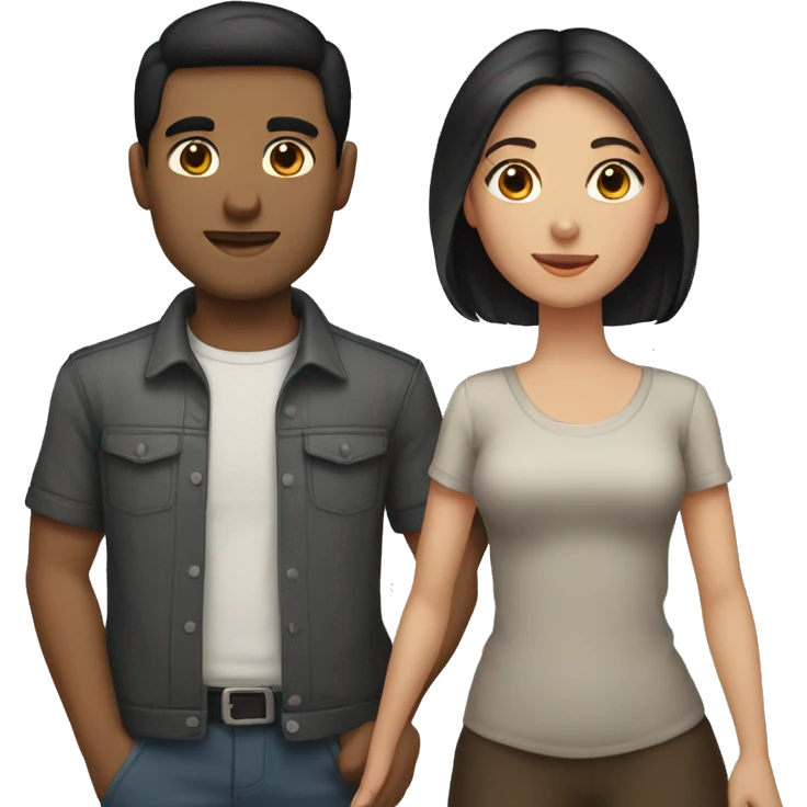 Man and a woman together. The man has short dark hair with brown eyes, the girl is with the long dark hair, her eyes are black. They are loving each other  emoji