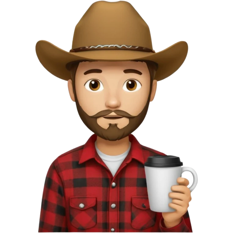 generate an ios genmoji of a 20 year old tan boy with a cowboy hat and side burn beard. Wearing a flannel and carrying a coffee mug emoji
