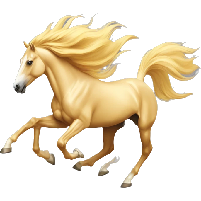 Yellow palomino horse with long flowing mane galloping with prosthetic leg, slender horse, solid yellow horse, running, yellow horse galloping with prosthetic leg, pretty horse emoji