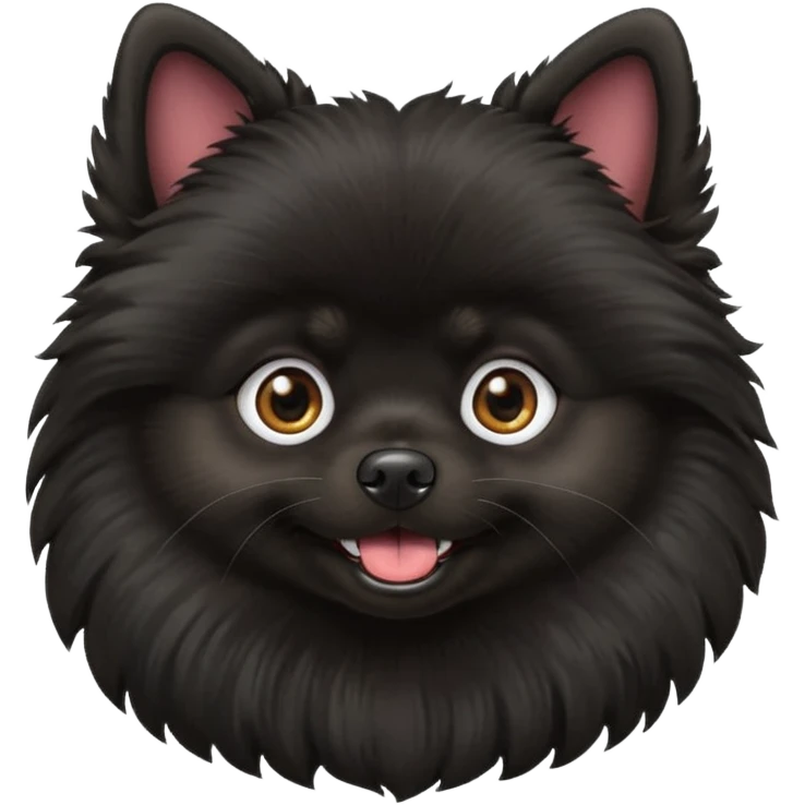 Create an emoji-style illustration of a black Pomeranian dog. The dog should have fluffy fur, a small round face, perky ears, and a cheerful expression. Keep the background simple or transparent. The emoji should be cute, expressive, and suitable for digital use emoji