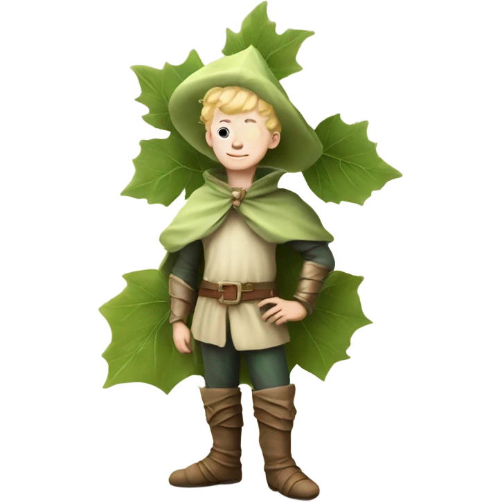 whimsical fairytale medieval pale boy who is tiny and wearing a giant leaf hat and big boots emoji