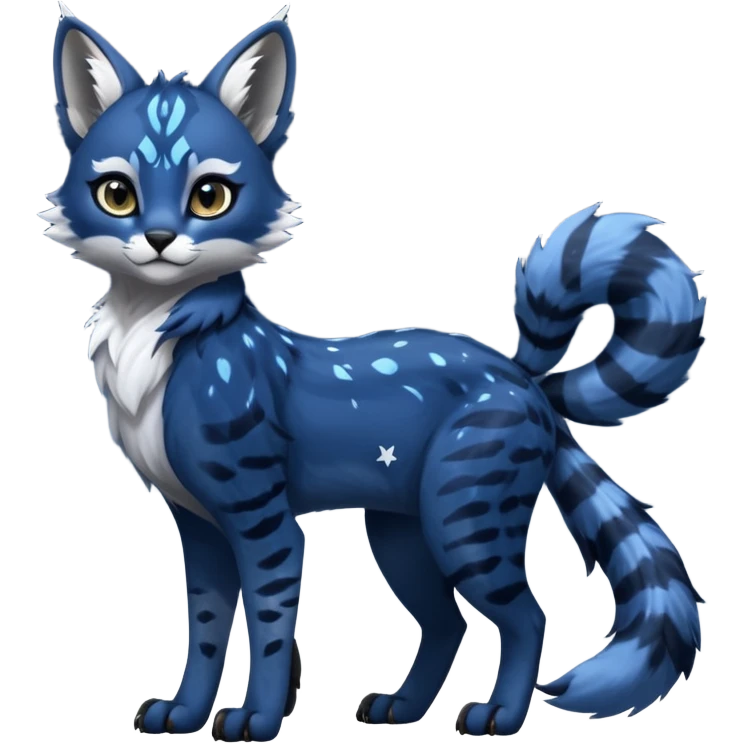 Cute kawaii cool edgy badass  glossy midnight-blue fur with silver starlight dusting fantasy-caracal-civet-genet-sergal-vernid-Gryphon-Cacomistle-Trico-oncilla-animal-Fakémon-hybrid-fursona (full body), facial markings, (realism style) emoji