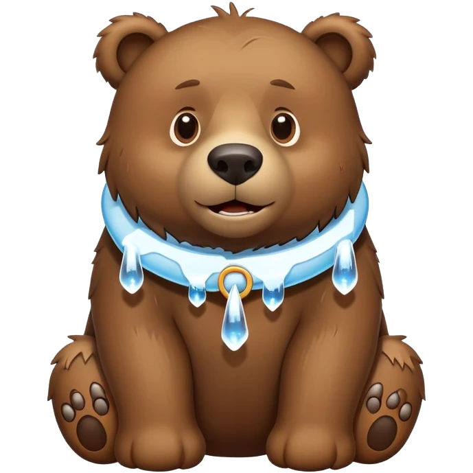Realistic brown bear on all four legs with a large ice collar around its neck, shaped like a dog collar, with icicles hanging down from it, minimalist emoji style emoji