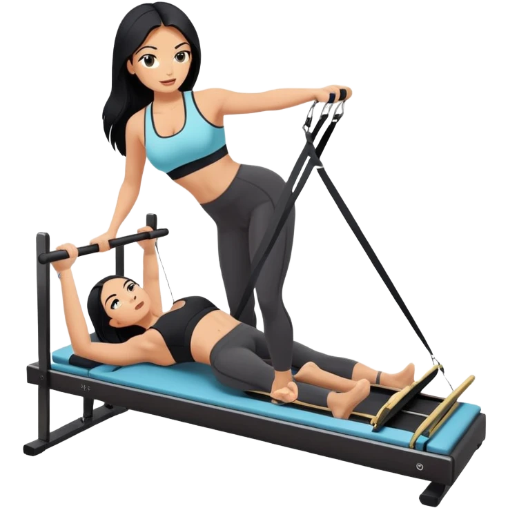 woman with tanned skin, long black hair, wearing a sports bra, doing exercise on a Pilates reformer machine emoji