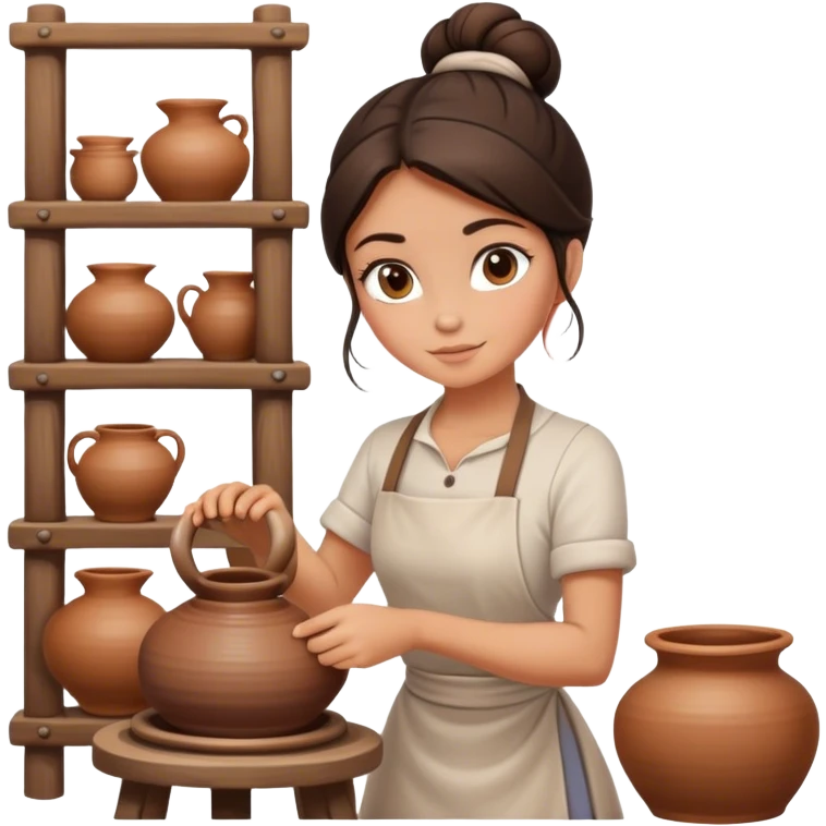 Brunette girl with bun, behind pottery wheel emoji