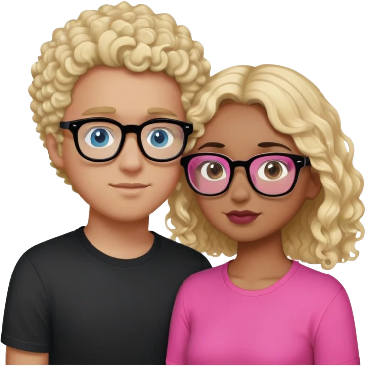 intimate moment between lovers, boy he has, blonde hair black glasses and blue eyes and a black shirt, Girl with a mixed skin tone, she has dark brown curly hair, pink glasses, and a pink shirt emoji