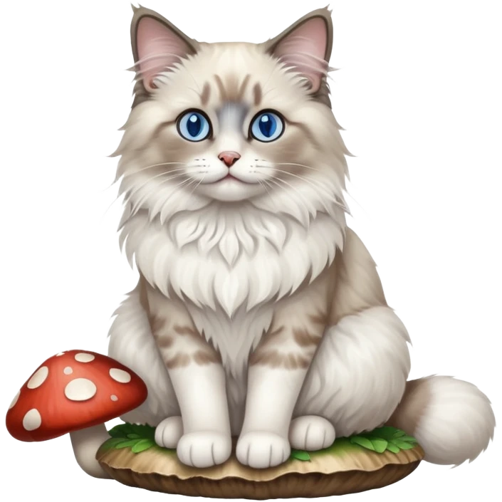 A ragdoll cat with blue eyes sitting on a mushroom emoji