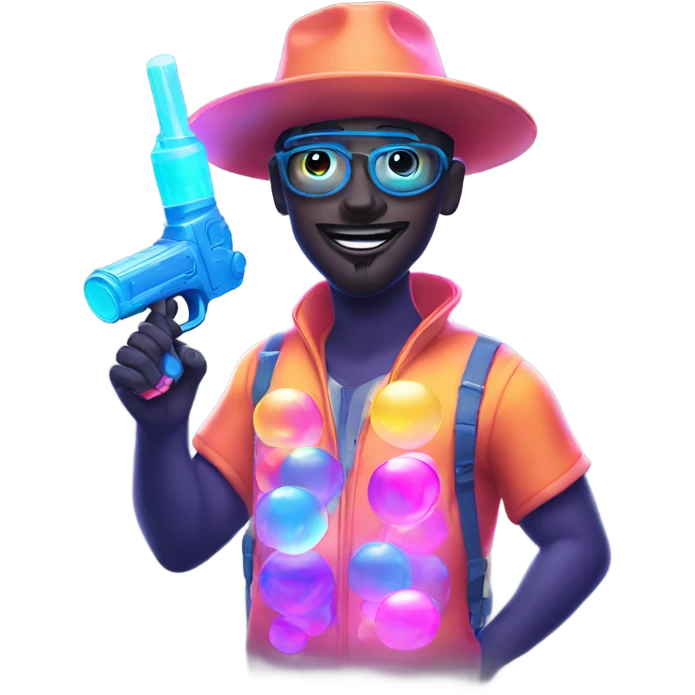 Guy in glowing outfit and hat with bubble guns in each hand emoji