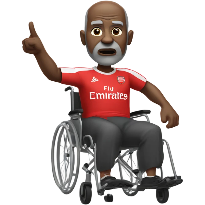 old black bald man with a round belly in wheelchair. angry face. grey stubble. he is pointing finger in front. wearing Arsenal soccer shirt emoji