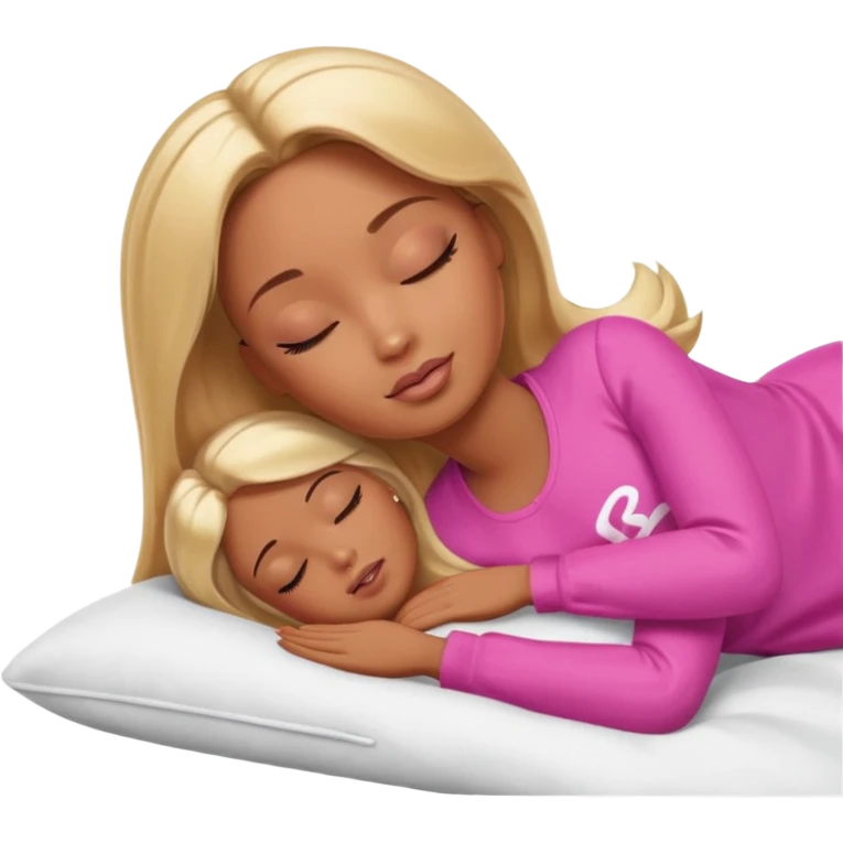 Brown skin blonde hair Barbie laying on side sleeping in bed with eyes closed emoji