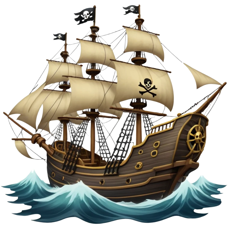 An icon representing an adventure game, inspired by high-seas exploration. The design features a fearless pirate gripping the wheel of a grand sailing ship, its tattered Jolly Roger flag billowing as it cuts through stormy waters. The scene evokes danger, treasure, and the thrill of the open sea. Transparent background. emoji