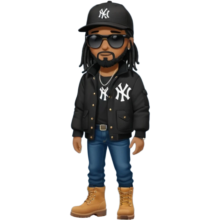 African American man with shoulder length black dreadlocks with black beard wearing black sunglasses wearing a black New York Yankees logo baseball cap wearing a black bubble winter coat wearing denim skinny jeans and Timberland boots with on hand in his pocket emoji