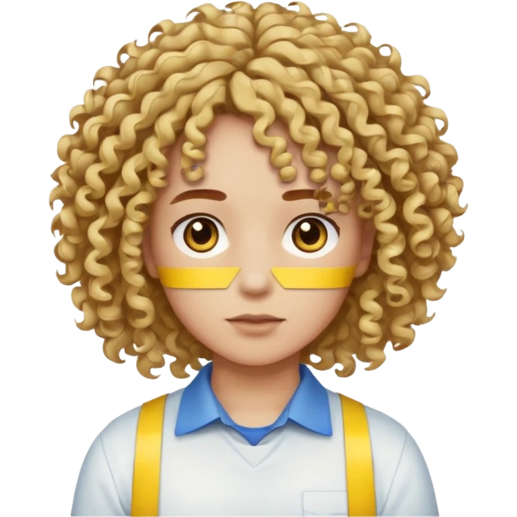Make me an emoji that has a guy with a white shirt and yellow tape around the shirt with brown and blue spots hair make the hair curly make the yellow tape go around it emoji