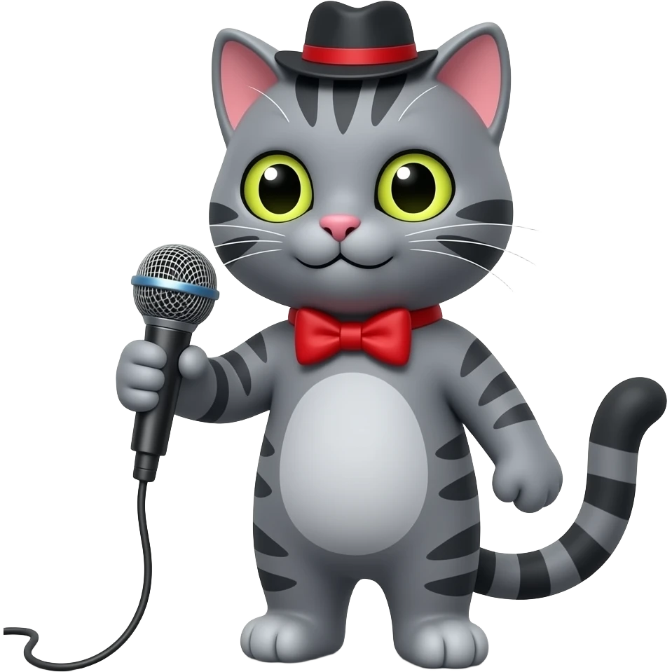 grey and black cat wear hat  and red bow holding microphone with one hand emoji