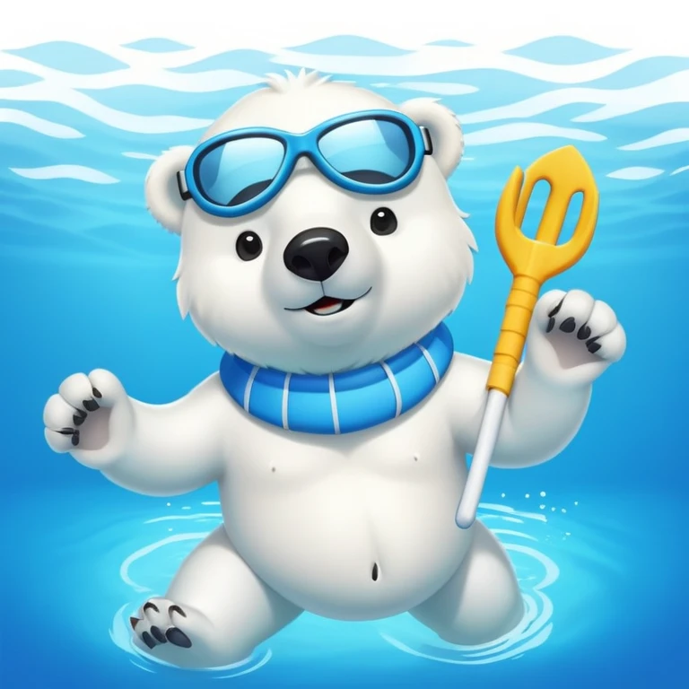 friendly anthropomorphised polar bear swimming in a wide pool, wearing colorful swim trunks and snorkel gear emoji