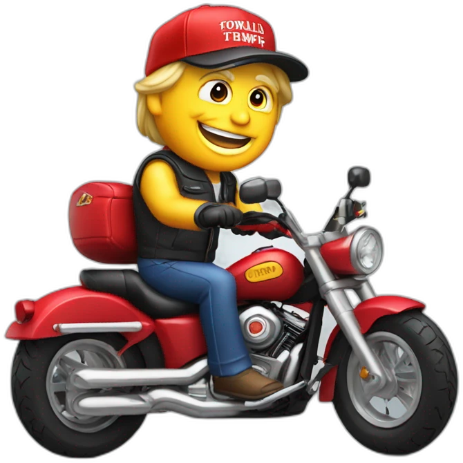 donald trump on kid motorcycle with smile and red cap emoji