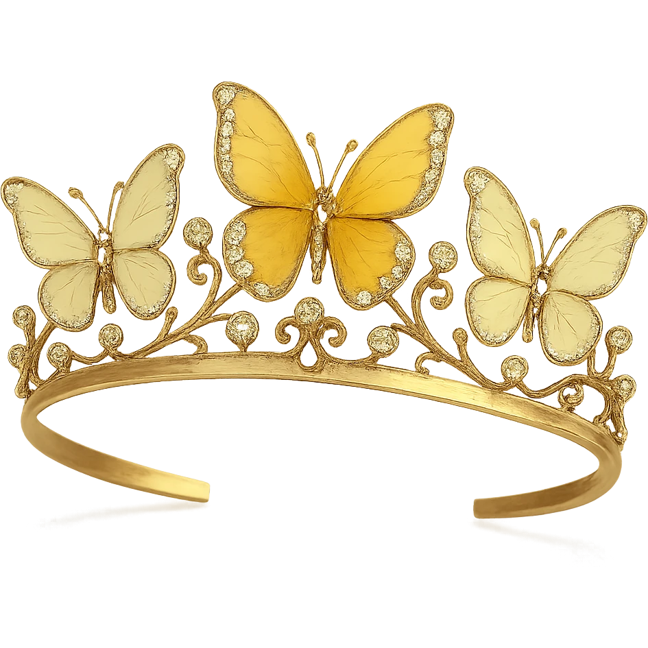 butterfly crown with a golden yellow base, just two or three butterflies in pastel and deep yellow enamel, sparkling gems emoji